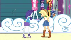 Size: 3410x1920 | Tagged: safe, derpibooru import, screencap, applejack, pinkie pie, rarity, sci-twi, sunset shimmer, twilight sparkle, equestria girls, equestria girls series, rollercoaster of friendship, applejack's hat, bass guitar, belt, boots, bowtie, clothes, cowboy boots, cowboy hat, crossed arms, denim skirt, drums, female, geode of shielding, geode of sugar bombs, geode of super strength, geode of telekinesis, glasses, hat, high heels, high res, image, jacket, jewelry, jpeg, leather, leather jacket, magical geodes, musical instrument, necklace, ponytail, rarity peplum dress, shoes, skirt