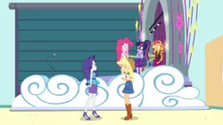 Size: 3410x1920 | Tagged: safe, derpibooru import, screencap, applejack, pinkie pie, rarity, sci-twi, sunset shimmer, twilight sparkle, equestria girls, equestria girls series, rollercoaster of friendship, applejack's hat, belt, bowtie, clothes, cowboy hat, cutie mark, cutie mark on clothes, denim skirt, female, geode of empathy, geode of shielding, geode of sugar bombs, geode of super strength, geode of telekinesis, glasses, hat, high heels, high res, image, jacket, jpeg, leather, leather jacket, magical geodes, open mouth, ponytail, rarity peplum dress, shocked, shocked expression, shoes, skirt, tanktop