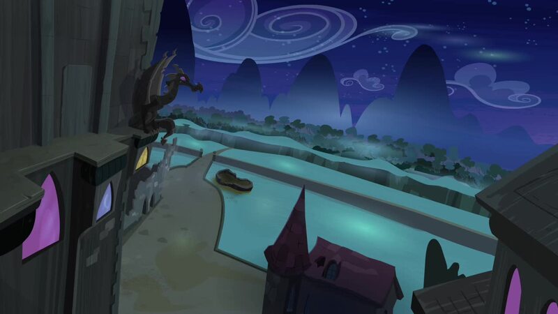 Size: 1280x720 | Tagged: safe, derpibooru import, screencap, gargoyle, princess twilight sparkle (episode), season 4, background, castle of the royal pony sisters, image, jpeg, night, no pony, scenic ponyville