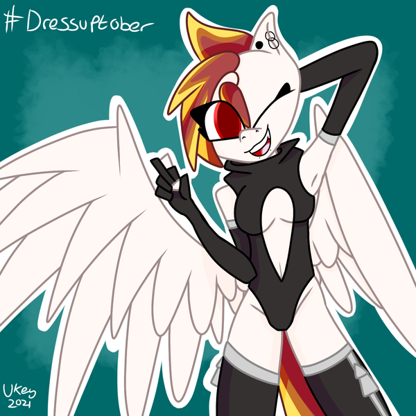 Size: 1280x1280 | Tagged: safe, artist:ukedideka, derpibooru import, oc, oc:lumen afterglow, anthro, pegasus, clothes, eye clipping through hair, female, image, looking at you, peace sign, pegasus oc, piercing, png, simple background, smiling, smiling at you, socks, solo, spread wings, thigh highs, wings