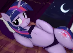 Size: 3509x2550 | Tagged: suggestive, artist:neoshrek, banned from derpibooru, edit, twibooru exclusive, twilight sparkle, pony, unicorn, bed, bedroom eyes, belly button, blushing, bra, bra on pony, clothes, crescent moon, curtains, female, image, moon, night, night sky, panties, plaid, png, sky, solo, solo female, underwear, unicorn twilight, upscaled