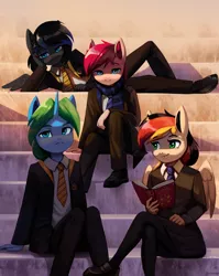 Size: 2000x2518 | Tagged: safe, artist:mrscroup, derpibooru import, oc, oc:anja snow, oc:boreal bloom, oc:scroupy, unofficial characters only, anthro, book, clothes, fangs, harry potter, horn, image, jpeg, necktie, pegasus wings, scarf, school uniform, wings