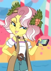 Size: 1124x1544 | Tagged: safe, derpibooru import, edit, edited screencap, screencap, vignette valencia, equestria girls, equestria girls series, rollercoaster of friendship, clothes, cropped, hand on hip, image, mobile phone, phone, png, smiling, solo