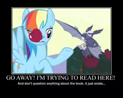 Size: 750x600 | Tagged: safe, artist:crossoverprincess, derpibooru import, edit, edited screencap, screencap, rainbow dash, bat, fruit bat, pegasus, pony, vampire fruit bat, bats!, season 1, apple, book, food, image, jpeg, motivational poster