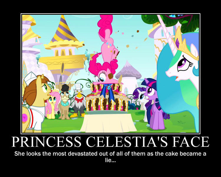 Size: 750x600 | Tagged: safe, artist:crossoverprincess, derpibooru import, edit, edited screencap, screencap, donut joe, fluttershy, gustave le grande, mulia mild, pinkie pie, princess celestia, rarity, twilight sparkle, gryphon, hybrid, mule, pony, mmmystery on the friendship express, season 2, cake, cartoon physics, female, food, image, jpeg, male, motivational poster, open mouth, pinkie being pinkie, pinkie physics