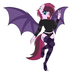 Size: 2100x2100 | Tagged: suggestive, artist:ponynamedmixtape, derpibooru import, oc, oc:bree berry, anthro, bat pony, unguligrade anthro, clothes, ear piercing, female, flying, image, panties, piercing, png, simple background, socks, solo, sweater, thigh highs, transparent background, underwear