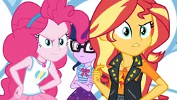 Size: 3410x1920 | Tagged: safe, derpibooru import, screencap, pinkie pie, sci-twi, sunset shimmer, twilight sparkle, equestria girls, equestria girls series, rollercoaster of friendship, bowtie, clothes, crossed arms, cutie mark, cutie mark on clothes, female, geode of empathy, geode of sugar bombs, geode of telekinesis, glasses, high res, image, jacket, jewelry, jpeg, leather, leather jacket, magical geodes, necklace, ponytail, tanktop