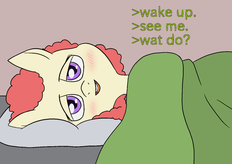 Size: 1414x1000 | Tagged: questionable, artist:happy harvey, derpibooru import, twist, earth pony, pony, bed, blanket, blushing, drawn on phone, female, filly, greentext, image, lidded eyes, looking at you, lying down, meme, on bed, pillow, png, text, what do