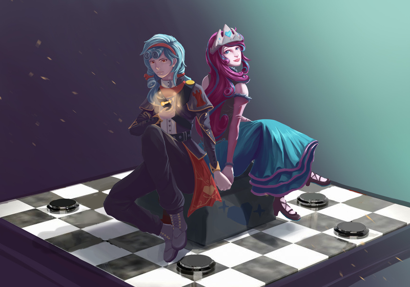 Size: 4396x3077 | Tagged: artist needed, source needed, safe, derpibooru import, cozy glow, princess flurry heart, human, checkers, chessboard, chess piece, cozyheart, digital painting, female, gradient background, holding hands, humanized, image, jpeg, lesbian, older, older cozy glow, older flurry heart, shipping, sitting