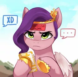 Size: 1804x1781 | Tagged: safe, artist:maren, derpibooru import, pipp petals, pegasus, pony, ..., aggressive, angry, female, g5, golden horseshoes, horseshoes, image, jpeg, looking at you, mare, offscreen character, phone, solo