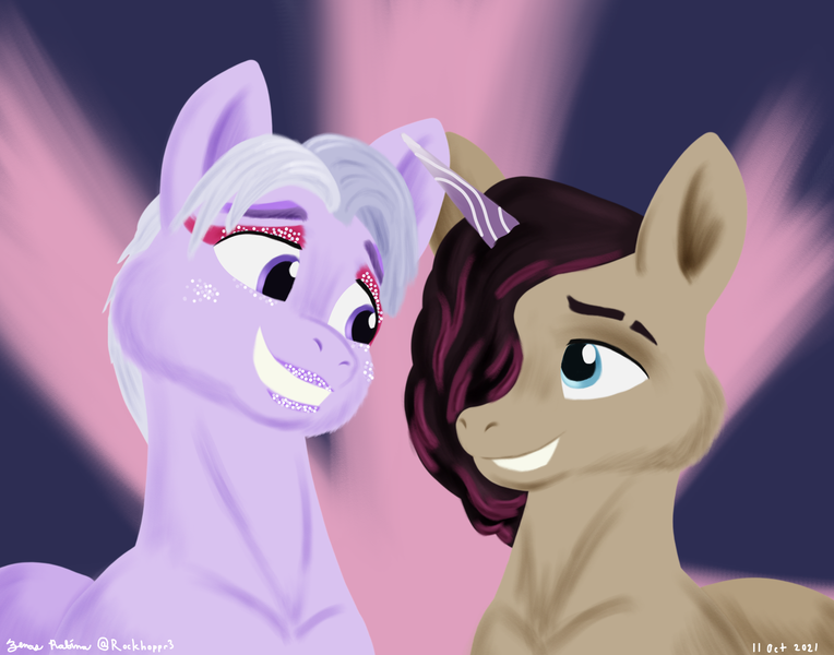 Size: 2400x1886 | Tagged: safe, artist:rockhoppr3, derpibooru import, earth pony, pony, unicorn, my little pony: a new generation, g5, gay, hair over one eye, image, ivory cedar, jasper (g5), looking at each other, makeup, male, png