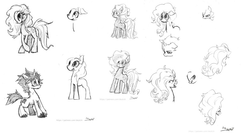 Size: 5144x2877 | Tagged: safe, artist:skutchi, oc, oc:mylove, unofficial characters only, earth pony, pony, unicorn, black and white, female, grayscale, image, makelovepony, male, mare, monochrome, png, simple background, sketch, stallion, transparent background