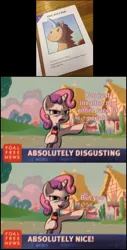 Size: 1296x2560 | Tagged: suggestive, artist:derkrazykraut, derpibooru import, editor:fluttershyisnot adoormat, sweetie belle, absolutely disgusting, card, dildo, image, jpeg, meme, microphone, news, offended, sex toy, unstable unicorns, yes
