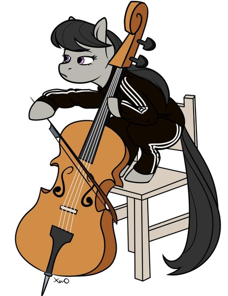 Size: 987x1280 | Tagged: safe, artist:xwosya, derpibooru import, octavia melody, pony, unicorn, adidas, bored, bow (instrument), bully, chair, chavtavia, gopnik, image, jpeg, music, simple background, solo, squatting, tracksuit, white background