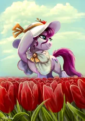 Size: 693x980 | Tagged: safe, artist:yulyeen, artist:yulynh1, derpibooru import, oc, unofficial characters only, earth pony, pony, flower, hat, image, jpeg, lidded eyes, netherlands, ponycon holland, smiling, solo, sun hat, tulip