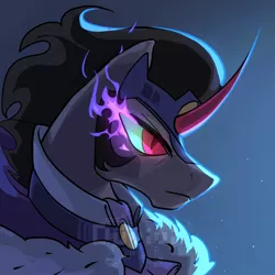 Size: 1080x1080 | Tagged: safe, artist:duvivi, king sombra, pony, unicorn, bust, cape, clothes, colored horn, curved horn, horn, image, jpeg, male, solo, sombra eyes, sombra's horn, stallion