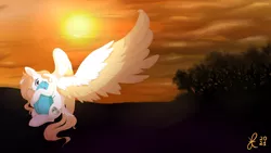 Size: 1024x576 | Tagged: safe, artist:hirundoarvensis, derpibooru import, oc, oc:arvensis, unofficial characters only, beetle, insect, pegasus, pony, female, hug, image, jpeg, mare, solo, sunset, wallpaper