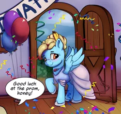 Size: 1946x1830 | Tagged: safe, artist:drafthoof, artist:klemm, derpibooru import, oc, oc:brave blossom, unofficial characters only, pegasus, pony, fanfic:yellow feathers, balloon, clothes, confetti, derpibooru exclusive, door, dress, female, image, mare, png, solo, text bubbles