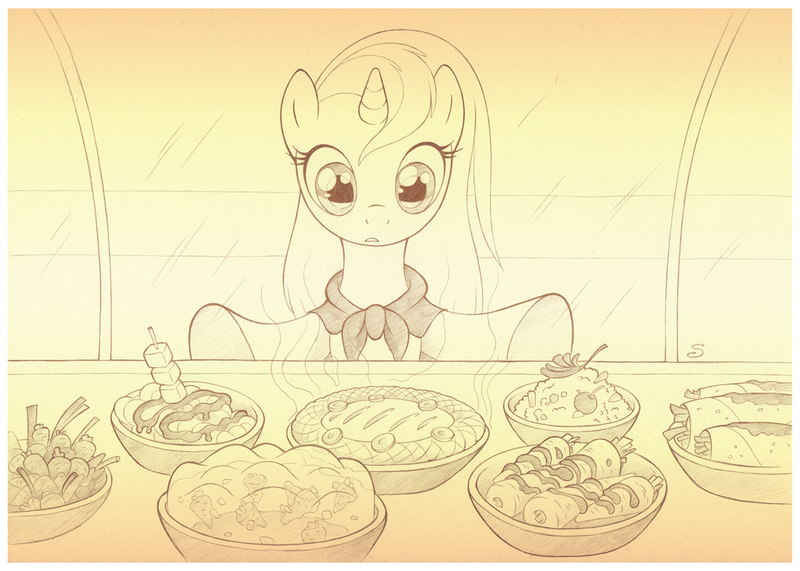 Size: 1063x759 | Tagged: safe, artist:sherwoodwhisper, derpibooru import, oc, oc:eri, pony, unicorn, cape, clothes, female, filly, food, image, inktober, inktober 2021, jpeg, monochrome, solo, table