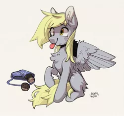 Size: 1349x1258 | Tagged: safe, artist:bokkitoki, artist:saroosaurus, derpibooru import, derpy hooves, pegasus, pony, :p, bag, blushing, chest fluff, food, image, jpeg, muffin, simple background, spread wings, tongue out, wings