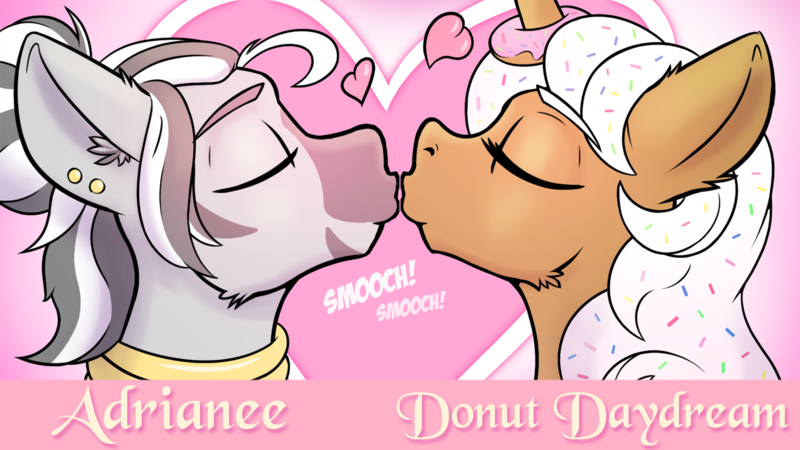 Size: 1600x900 | Tagged: safe, artist:cocaine, derpibooru import, oc, oc:adrianee, oc:donut daydream, ponified, food pony, original species, pony, unicorn, zebra, food, gold, image, in love, kissing, neck rings, piercing, png, smooch, zebra oc