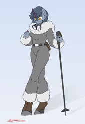Size: 2600x3800 | Tagged: safe, artist:sneetymist, derpibooru import, kirin oc, oc, oc:winter peak, unofficial characters only, anthro, kirin, belt, blood, blood trail, boots, clothes, female, fluffy, fur coat, fur collar, gears, goggles, hiking boots, hiking stick, image, jacket, mare, no pupils, no tail, parka, png, shoes, solo, uniform, winter outfit