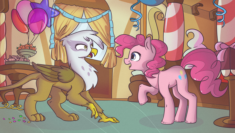 Size: 3000x1700 | Tagged: safe, artist:xwosya, derpibooru import, gilda, pinkie pie, earth pony, gryphon, pony, griffon the brush off, balloon, duo, female, image, looking at each other, mare, party balloon, png, raised hoof, scene interpretation, snacks, streamers