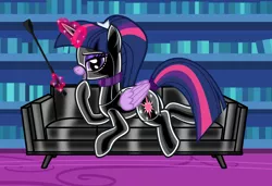 Size: 9000x6153 | Tagged: suggestive, artist:severity-gray, derpibooru import, twilight sparkle, twilight sparkle (alicorn), alicorn, pony, alternate hairstyle, bed, bedroom eyes, book, bookshelf, castle, choker, collar, couch, cutie mark, eyeshadow, image, latex, latex mask, latex suit, laying on bed, leather, looking at you, lying down, magic, magic aura, makeup, on bed, png, ponytail, smiling, smiling at you, solo, tail, tail wrap, whip