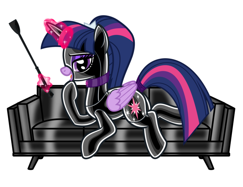 Size: 8016x6153 | Tagged: suggestive, alternate version, artist:severity-gray, derpibooru import, twilight sparkle, twilight sparkle (alicorn), alicorn, pony, alternate hairstyle, bed, bedroom eyes, choker, collar, couch, cutie mark, eyeshadow, image, latex, latex mask, latex suit, laying on bed, leather, looking at you, lying down, magic, magic aura, makeup, on bed, png, ponytail, simple background, smiling, smiling at you, solo, tail, tail wrap, transparent background, whip