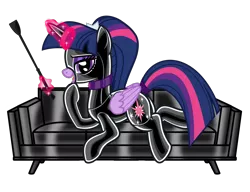 Size: 8016x6153 | Tagged: suggestive, alternate version, artist:severity-gray, derpibooru import, twilight sparkle, twilight sparkle (alicorn), alicorn, pony, alternate hairstyle, bed, bedroom eyes, choker, collar, couch, cutie mark, eyeshadow, image, latex, latex mask, latex suit, laying on bed, leather, looking at you, lying down, magic, magic aura, makeup, on bed, png, ponytail, simple background, smiling, smiling at you, solo, tail, tail wrap, transparent background, whip
