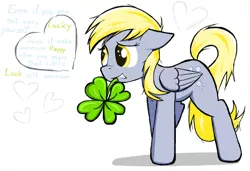 Size: 1280x874 | Tagged: safe, artist:sallycars, derpibooru import, derpy hooves, pegasus, pony, clover, dialogue, female, four leaf clover, heart, image, jpeg, mare, ms paint, simple background, solo, white background