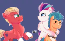 Size: 1742x1100 | Tagged: safe, artist:alonso-bazan, derpibooru import, hitch trailblazer, sprout cloverleaf, zipp storm, earth pony, pegasus, pony, my little pony: a new generation, blushing, female, g5, hitchzipp, image, male, mare, png, shipping, simple background, straight