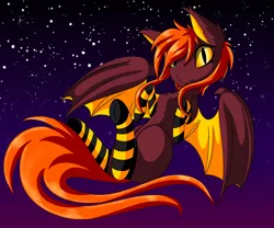 Size: 6000x5000 | Tagged: safe, artist:lostmystery, derpibooru import, oc, bat pony, pony, bat ears, bat eyes, bat pony oc, bat wings, clothes, ear fluff, flying, halloween, holiday, image, night, orange hair, png, pony oc, slit pupils, socks, striped socks, striped stockings, wings