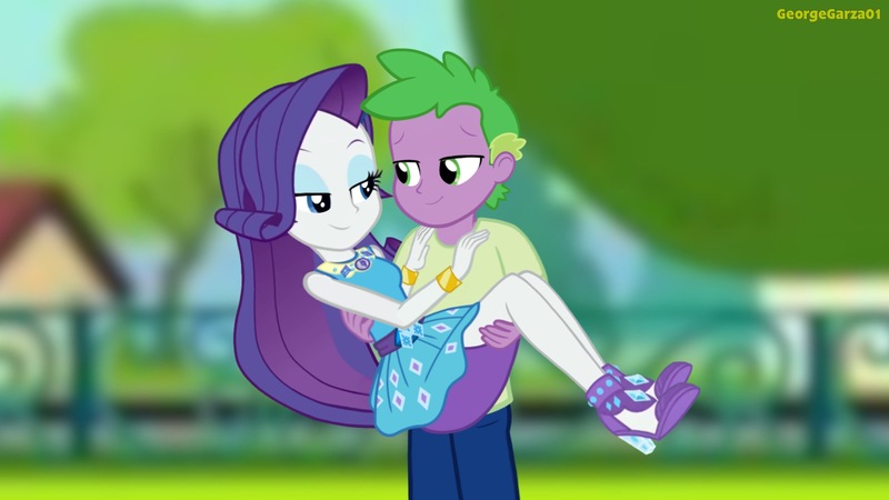 Size: 3640x2048 | Tagged: safe, artist:georgegarza01, derpibooru import, rarity, spike, human, equestria girls, bedroom eyes, bridal carry, carrying, clothes, female, human spike, humanized, image, jpeg, lidded eyes, looking at each other, love, male, rarity peplum dress, shipping, sparity, straight