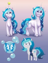 Size: 2581x3354 | Tagged: safe, artist:askbubblelee, derpibooru import, oc, oc:bubble lee, unofficial characters only, pony, unicorn, my little pony: a new generation, spoiler:g5, ball, digital art, female, freckles, frown, g5, gradient background, grin, high res, horn, image, mare, not izzy moonbow, png, pointy ponies, smiling, solo, style emulation, tennis ball, unicorn oc