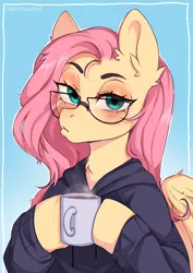 Size: 2894x4093 | Tagged: safe, artist:yukomaussi, derpibooru import, fluttershy, cacao, glasses, image, png, solo, warm
