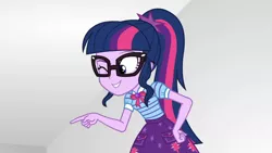 Size: 3410x1920 | Tagged: safe, derpibooru import, screencap, sci-twi, twilight sparkle, equestria girls, equestria girls series, rollercoaster of friendship, bowtie, clothes, cute, cutie mark, cutie mark on clothes, female, geode of telekinesis, glasses, high res, image, jewelry, jpeg, magical geodes, necklace, one eye closed, ponytail, smiling, solo, twiabetes, wink