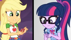 Size: 3410x1920 | Tagged: safe, derpibooru import, screencap, applejack, sci-twi, twilight sparkle, equestria girls, equestria girls series, rollercoaster of friendship, applejack's hat, belt, bowtie, clothes, cowboy hat, cutie mark, cutie mark on clothes, denim skirt, female, geode of super strength, geode of telekinesis, glasses, hat, high res, image, jewelry, jpeg, magical geodes, mobile phone, necklace, phone, ponytail, skirt, smartphone, smiling