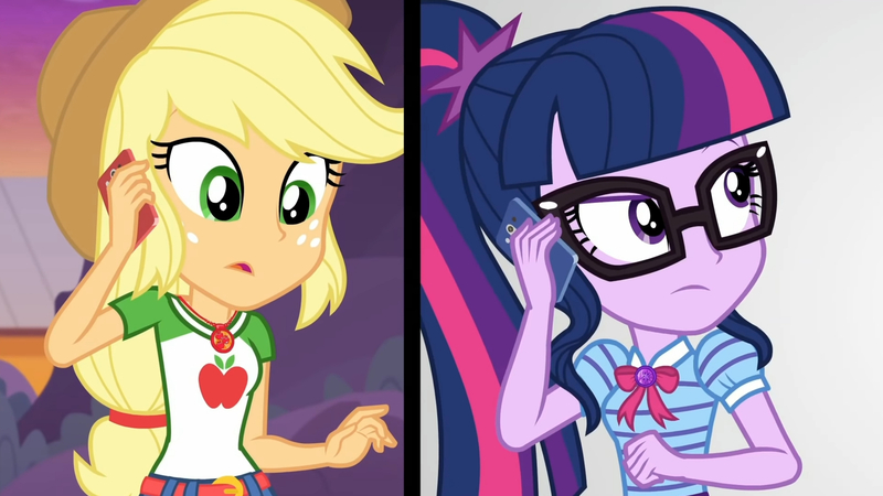 Size: 3410x1920 | Tagged: safe, derpibooru import, screencap, applejack, sci-twi, twilight sparkle, equestria girls, equestria girls series, rollercoaster of friendship, applejack's hat, belt, bowtie, clothes, cowboy hat, cutie mark, cutie mark on clothes, denim skirt, female, geode of super strength, geode of telekinesis, glasses, hat, high res, image, jewelry, jpeg, magical geodes, mobile phone, necklace, open mouth, phone, ponytail, skirt, smartphone