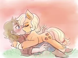 Size: 2129x1604 | Tagged: safe, artist:mimiporcellini, derpibooru import, applejack, earth pony, human, blushing, colored sketch, crossover, crossover shipping, eyes closed, hol horse, holjack, image, interspecies, jojo's bizarre adventure, kissing, kiss on the lips, png, shipping