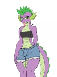 Size: 1400x1900 | Tagged: suggestive, artist:zachc, derpibooru import, spike, anthro, dragon, clothes, denim shorts, femboy, femboy spike, image, looking at you, male, png, shorts, solo, tongue out, trap