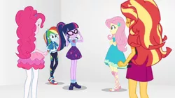 Size: 3410x1920 | Tagged: safe, derpibooru import, screencap, fluttershy, pinkie pie, rainbow dash, sci-twi, twilight sparkle, equestria girls, equestria girls series, rollercoaster of friendship, bowtie, clothes, crossed arms, cutie mark, cutie mark on clothes, eyes closed, female, geode of fauna, geode of super speed, geode of telekinesis, glasses, hairpin, hand on hip, high res, hoodie, image, jacket, jewelry, jpeg, leather, leather jacket, magical geodes, mobile phone, necklace, phone, ponytail, sandals, shoes, smartphone, smiling, sneakers, tanktop
