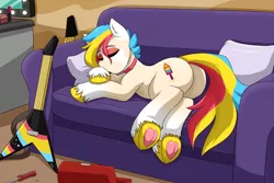 Size: 3000x2000 | Tagged: safe, artist:cainesart, derpibooru import, oc, oc:rocket pop, unofficial characters only, earth pony, pony, couch, female, frog (hoof), guitar, image, mare, multicolored hair, musical instrument, pillow, png, sleeping, solo, toolbox, underhoof, unshorn fetlocks