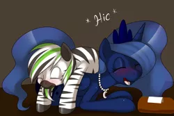 Size: 1200x800 | Tagged: safe, artist:kloudmutt, derpibooru import, princess luna, oc, alicorn, pony, zebra, alcohol, beer, blushing, canon x oc, commission, crown, digital art, drunk, duo, eyes closed, female, horn, image, jewelry, male, mare, necklace, open mouth, png, regalia, sleeping, stallion, tail, wings, zebra oc