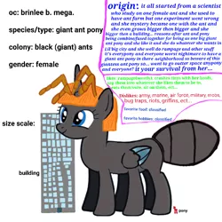 Size: 900x900 | Tagged: safe, artist:calebtyink, derpibooru import, oc, oc:brinlee b. mega, alicorn, ant, ant pony, insect, original species, pony, bigger then building, building, female, giant ant, giant ant pony, giant pony, giantess, i can't believe it's not badumsquish, image, macro, mare, png, random pony, size chart, size comparison, we well gonna need bigger bug repellant