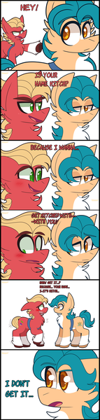 Size: 1400x5865 | Tagged: safe, artist:saveraedae, derpibooru import, hitch trailblazer, sprout cloverleaf, earth pony, pony, my little pony: a new generation, blaze (coat marking), blushing, cheek fluff, chest fluff, coat markings, comic, dialogue, ear fluff, facial markings, flirting, g5, gay, hitchsprout, image, male, neck fluff, nervous, oblivious, png, shipping, socks (coat marking), unshorn fetlocks