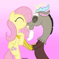 Size: 3600x3600 | Tagged: safe, artist:blinkshake, derpibooru import, discord, fluttershy, draconequus, pegasus, pony, boop, discoshy, eyes closed, female, g4, gradient background, high res, holding a pony, image, male, mare, noseboop, nuzzling, png, shipping, smiling, straight