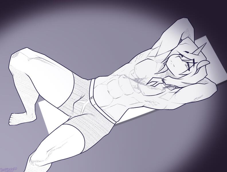 Size: 2100x1591 | Tagged: suggestive, artist:da3rd, derpibooru import, oc, unofficial characters only, anthro, plantigrade anthro, unicorn, abs, arm behind head, armpits, boxer briefs, briefs, clothes, grayscale, image, jpeg, lying down, male, monochrome, muscles, muscular male, on back, pecs, scar, solo, solo male, underwear