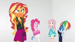 Size: 3410x1920 | Tagged: safe, derpibooru import, screencap, fluttershy, pinkie pie, rainbow dash, sunset shimmer, equestria girls, equestria girls series, rollercoaster of friendship, angry, clothes, crossed arms, cutie mark, cutie mark on clothes, eyes closed, female, geode of empathy, geode of fauna, geode of sugar bombs, geode of super speed, hairpin, high res, hoodie, image, jacket, jewelry, jpeg, leather, leather jacket, magical geodes, necklace, rageset shimmer, tanktop