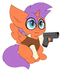 Size: 2501x2914 | Tagged: safe, artist:pegamutt, derpibooru import, oc, oc:glorious morning, unofficial characters only, alicorn, pony, :l, alicorn oc, blank flank, chibi, clothes, commission, delet this, glasses, gun, horn, image, male, png, simple background, sitting, solo, stallion, transparent background, weapon, wings, ych result